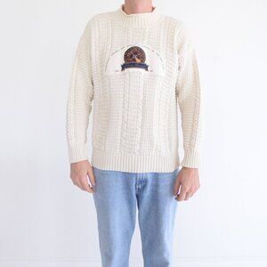 Vintage 90S Eddie Bauer Cream Cable Knit Nautical Mock Neck Sweater Medium